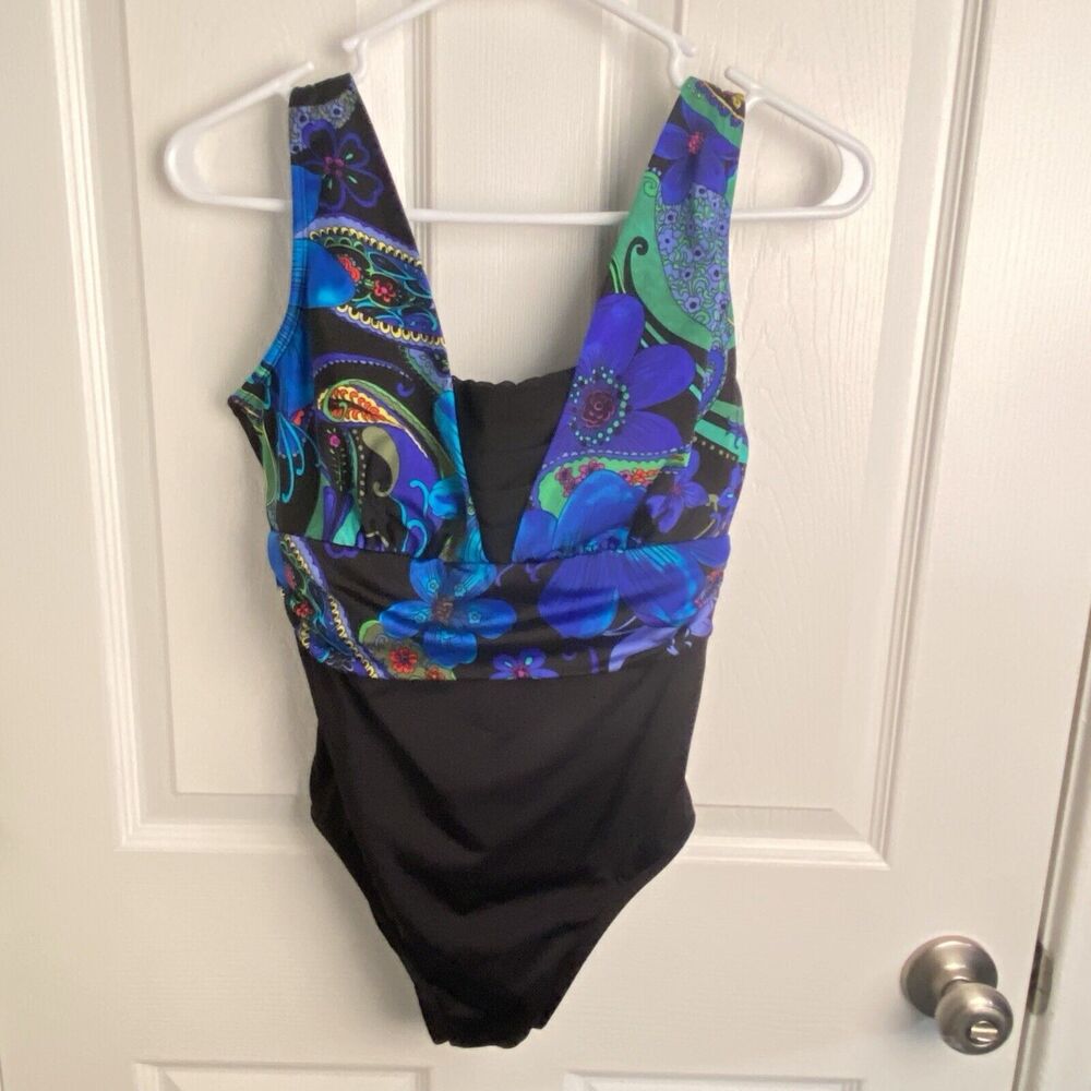 Longitude One Piece Swimsuit Womens Size 8 Black Purple Floral Swim Bathing Suit